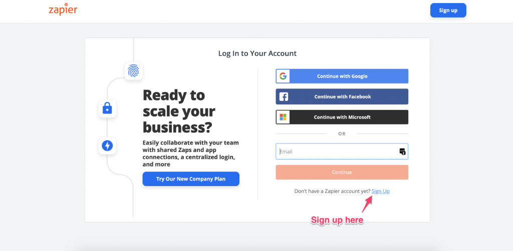 Screenshot: 2 – Sign up or sign in to Zapier