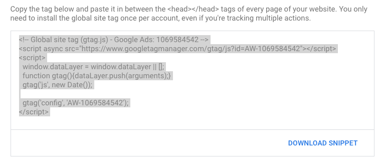 The code looks like this, but you’ll need to follow the above steps to get your own code from Google Ads!