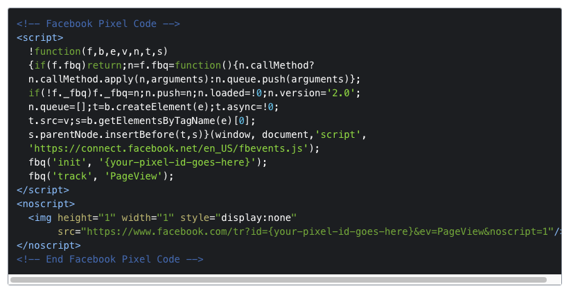 This is what the code looks like – but you should visit the link above to get the latest, up-to-date code from Facebook.