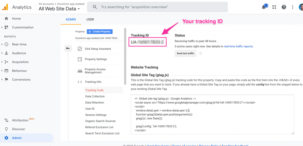 Screenshot: 1 – Take note of your Google Analytics Tracking ID