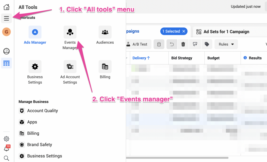 Screenshot: 1 – Take note of your Facebook Pixel ID