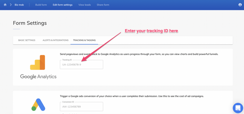Screenshot: 2 – Paste your tracking ID into Growform