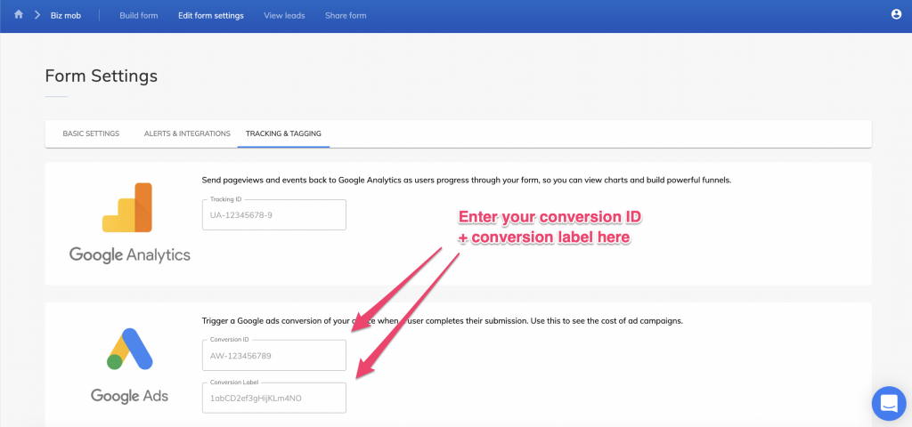 Screenshot: 2 – Paste your conversion ID and label into Growform