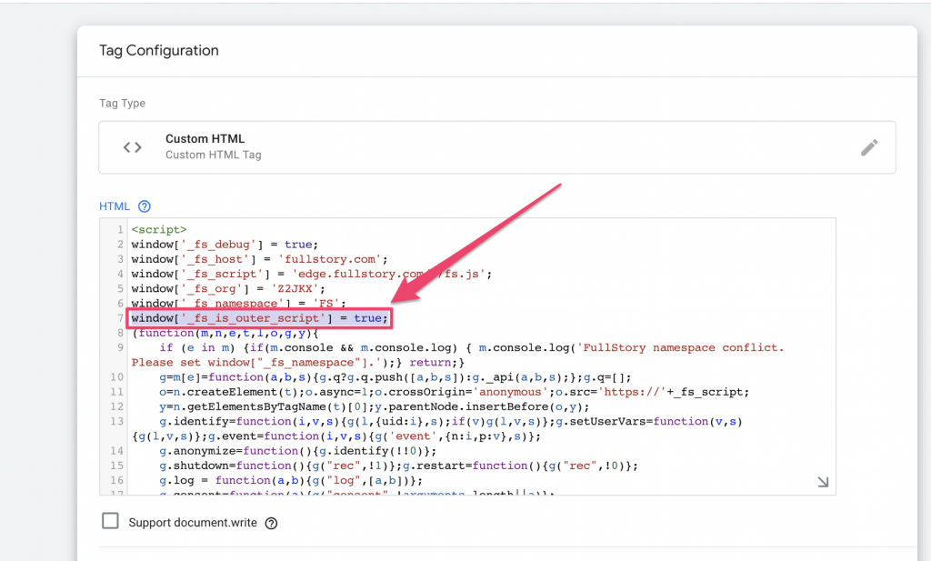 Screenshot: 3 – Add „run in iFrame“ code to your Fullstory tag