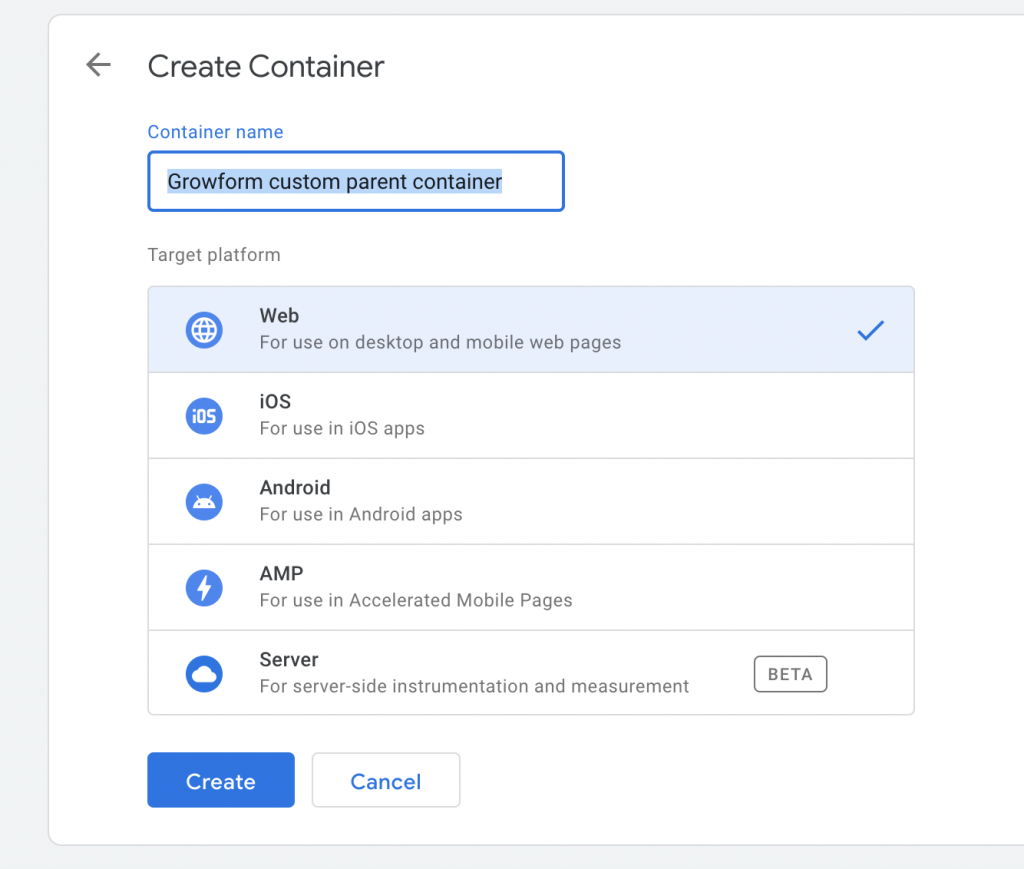 (It doesn’t matter what you call your containers, but we recommend “Growform custom parent container” and “Growform…