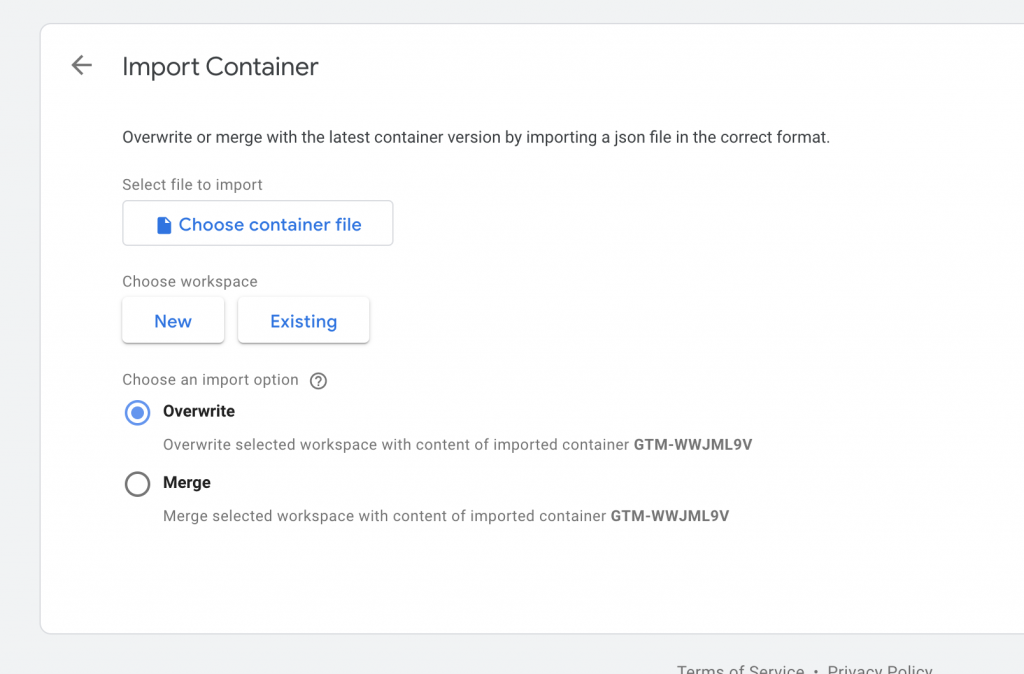 Screenshot: 3 – Import our parent and child containers to your GTM account