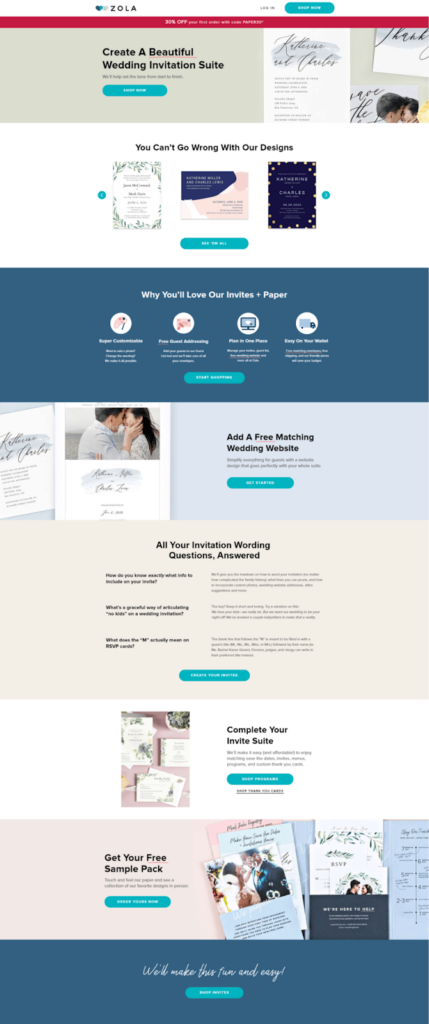 Screenshot: 10 – Zola’s Wedding Invitations Landing Page