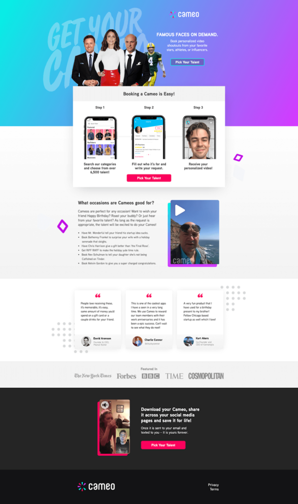 Screenshot: 9 – Cameo’s Celebrity Messaging Landing Page