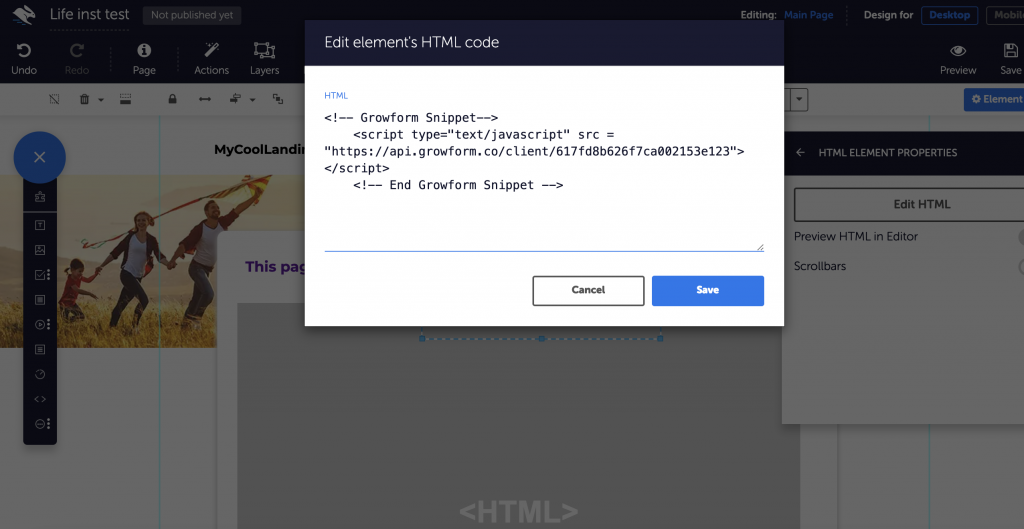 Screenshot: 3 – Add an “HTML element” to Convertri and paste in your code