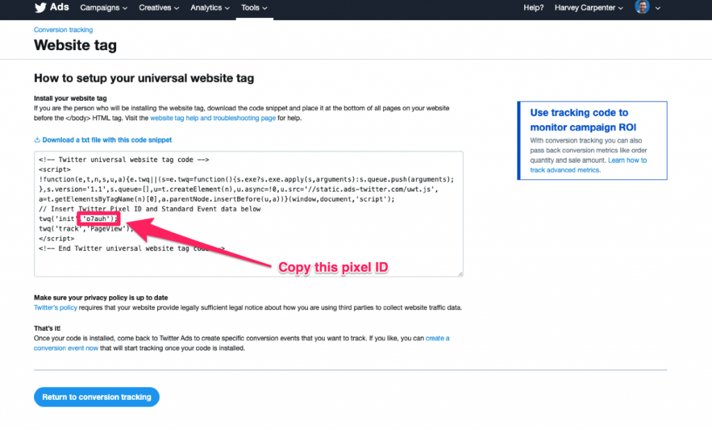 Screenshot: 1 – Grab your pixel ID from Twitter