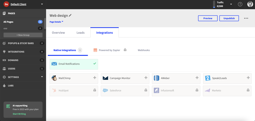 The Unbounce integrations page