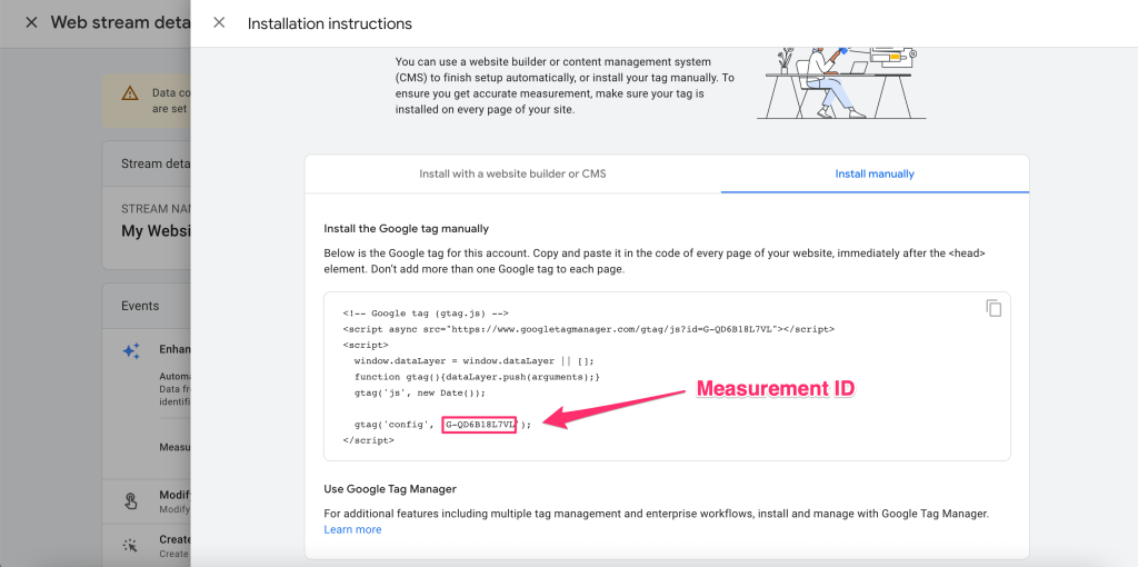 Capture d’écran : b. Localiser et copier le code de suivi de Google Analytics