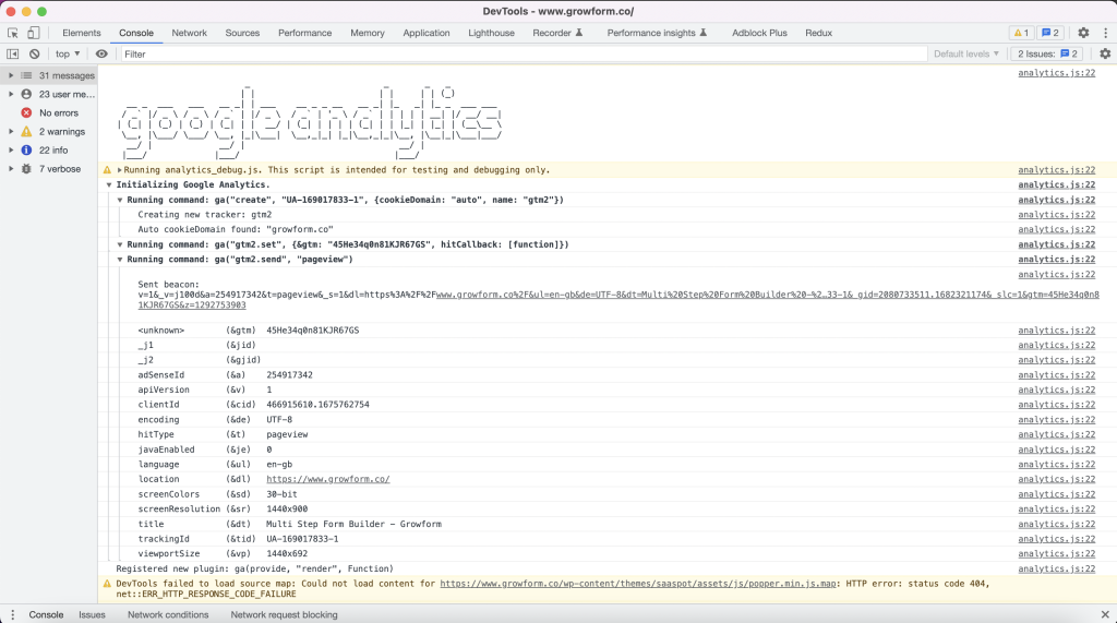 L’extension chrome Google Analytics debugger en action