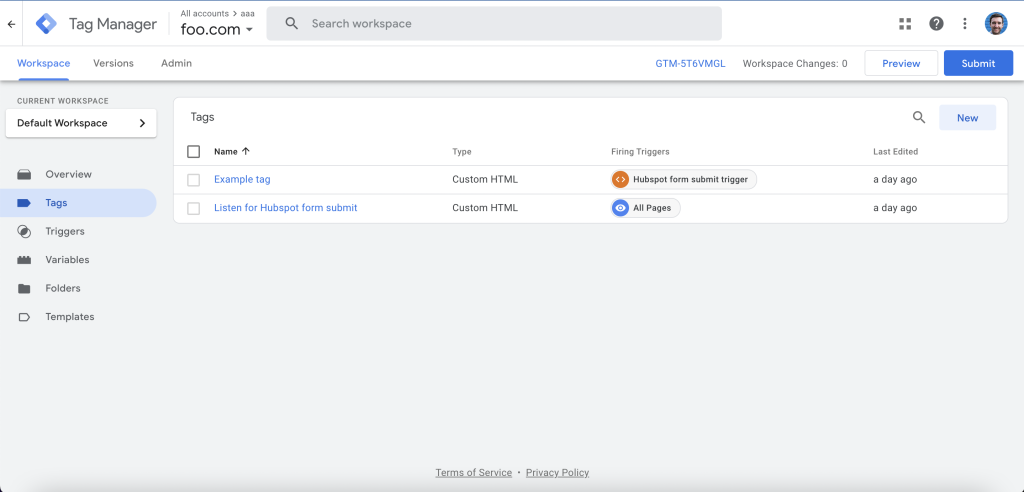 Google Tag Manager’s interface – shown above are 2 “tags”, each of which has a “trigger”