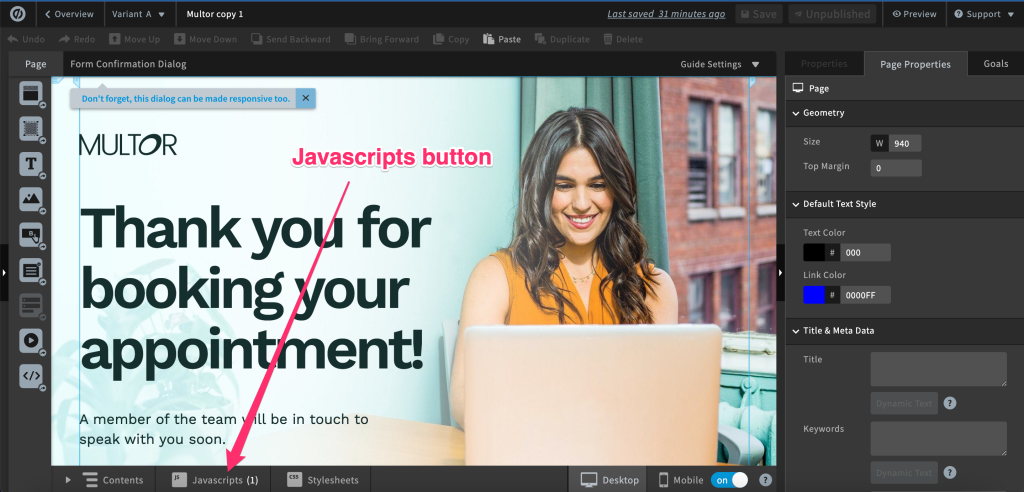 Screenshot: Step-by-step guide to add the Facebook Pixel To Unbounce