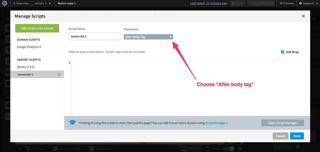 Screenshot: Step-by-step guide to add the Facebook Pixel To Unbounce