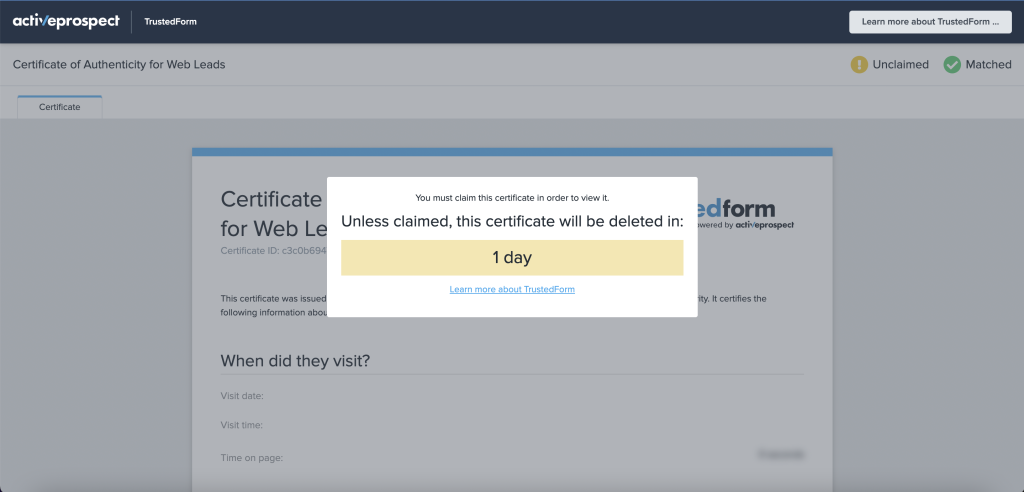 A trustedform certificate before being claimed