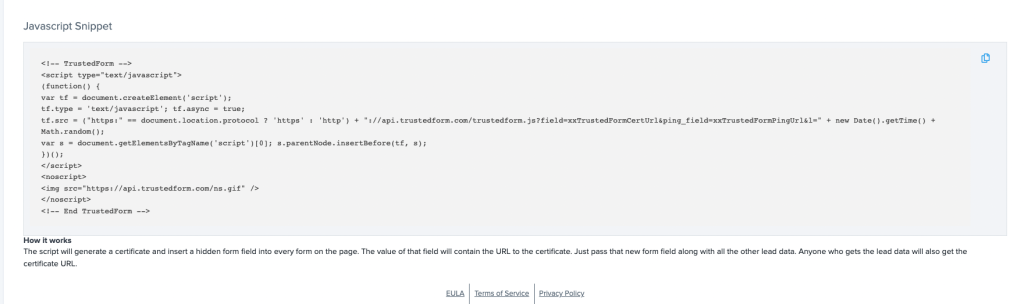 Screenshot: 2) Grab the TrustedForm JavaScript snippet