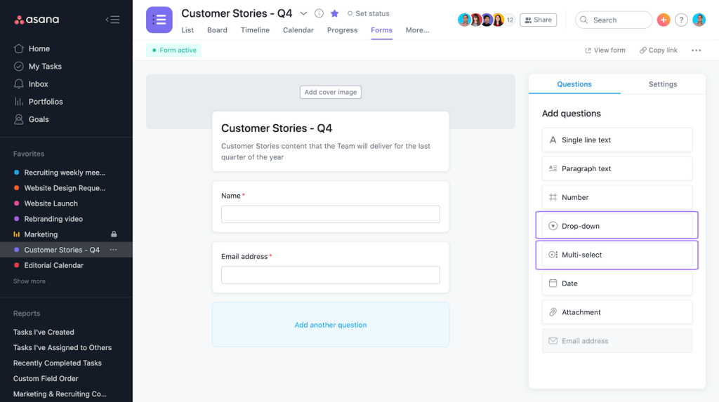 An Asana form, in the Asana form builder