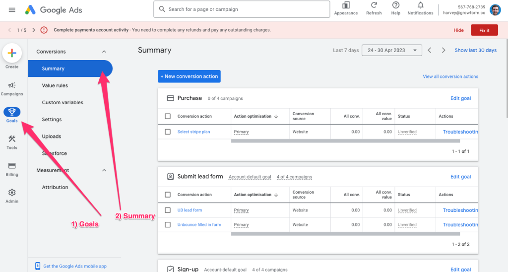Screenshot: Step-by-step guide to tracking Google Ads conversions in Unbounce