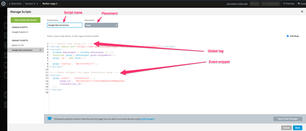 Screenshot: Step-by-step guide to tracking Google Ads conversions in Unbounce