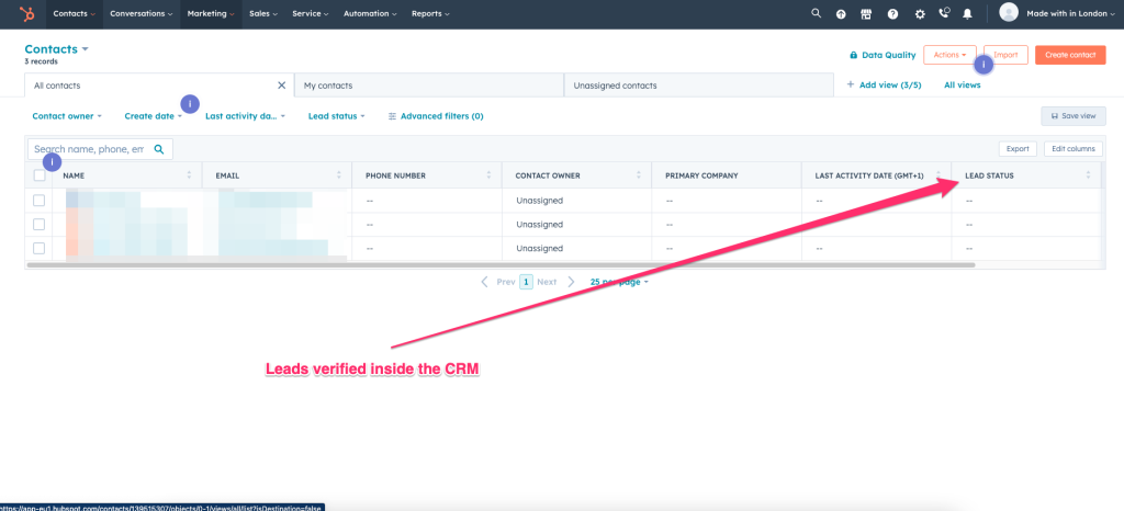 Screenshot: How to verify leads as they hit your CRM/database