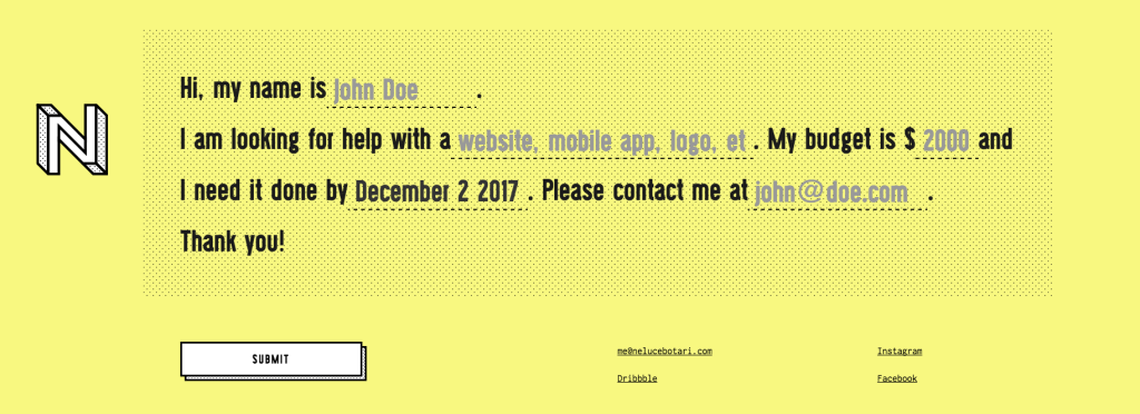 Screenshot: Il modulo di contatto “colma le lacune” di Nelu