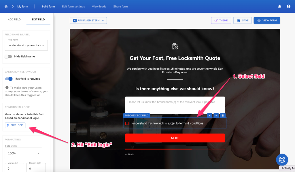 Screenshot: Step-by-step guide to creating a basic conditional logic form