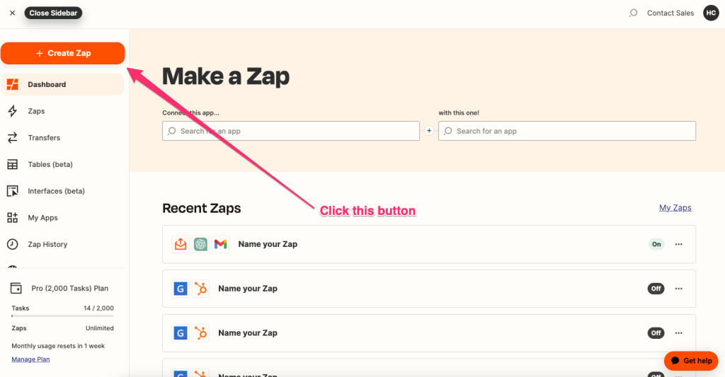 Screenshot: 3 – Make a new Zap