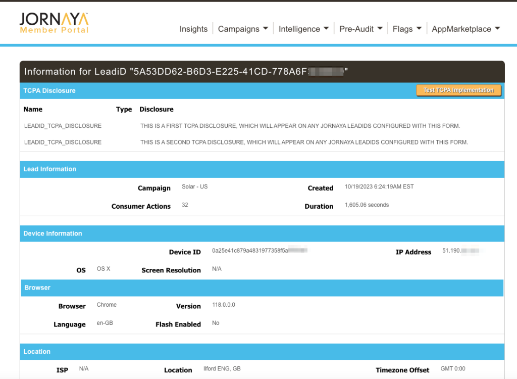 A screenshot of a Jornaya LeadiD in the Jornaya member portal