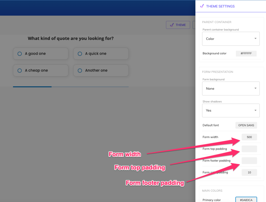 Growform theme settings showing form width and padding