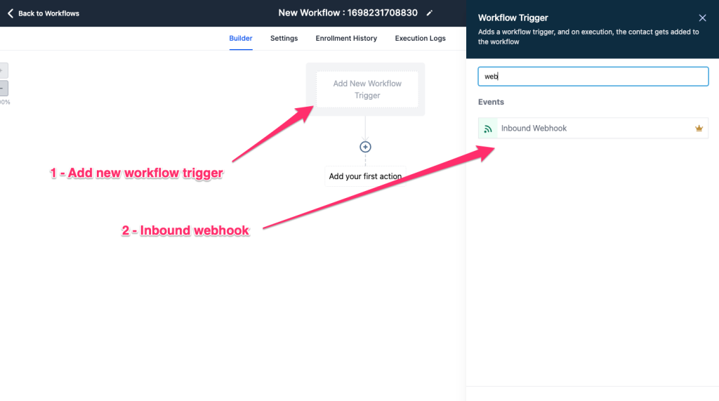 Selecting the Inbound Webhook trigger in a GoHighLevel workflow