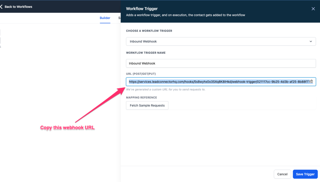 The inbound webhook URL in GoHighLevel
