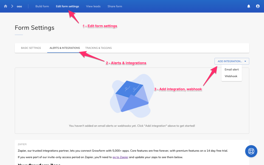 Adding a webhook integration in Growform