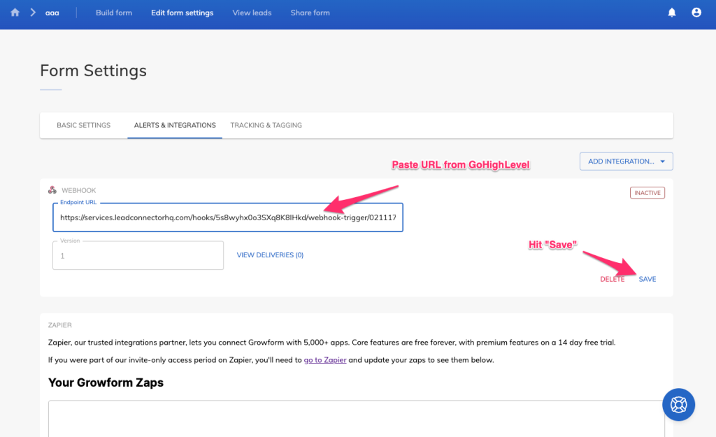 Pasting the GoHighLevel webhook URL into Growform
