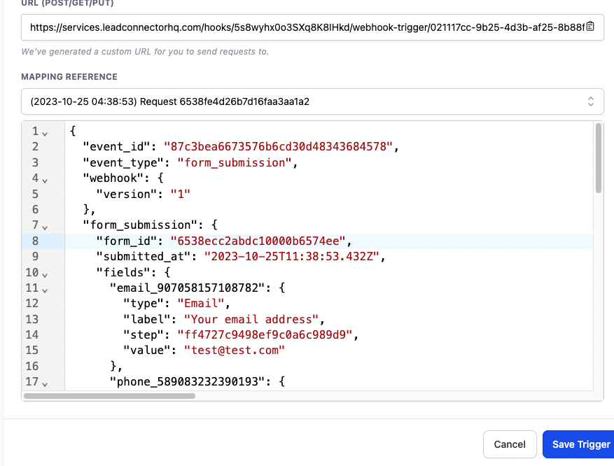 The mapping reference for an inbound webhook in GoHighLevel