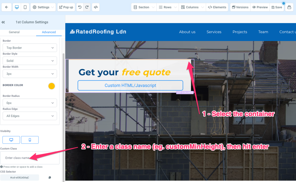 Adding a custom class to a box in the GoHighLevel page builder