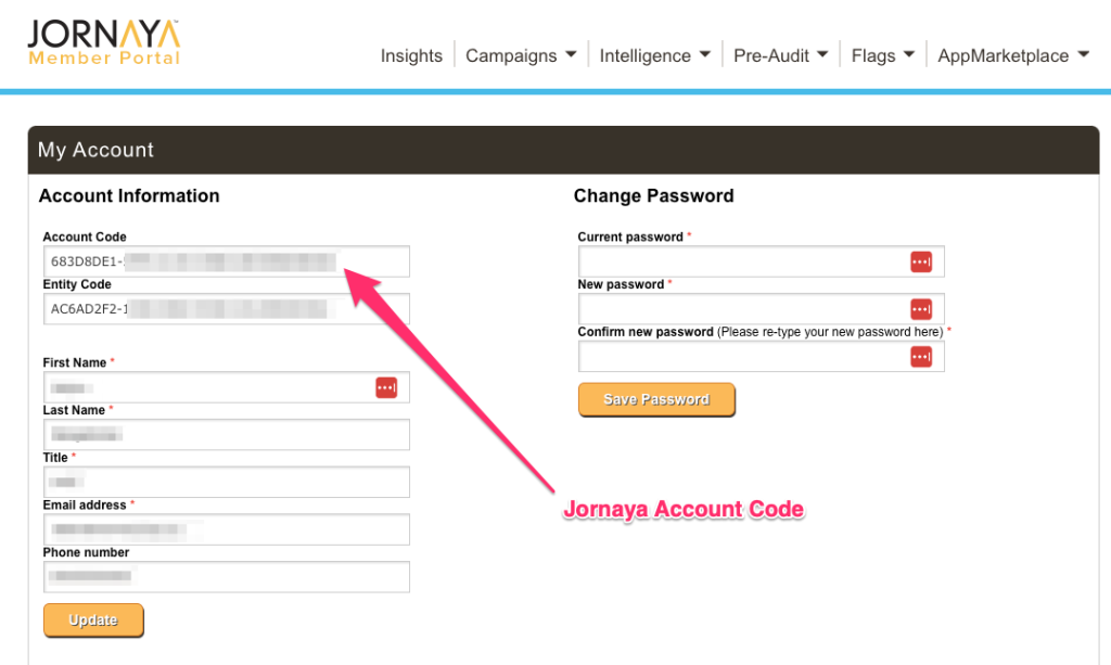 Screenshot: 2. Grab your Jornaya account code and campaign key.