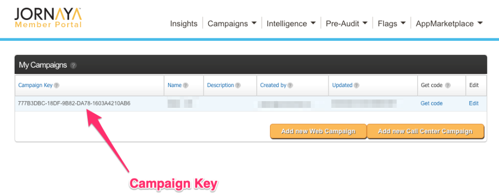 Screenshot: 2. Grab your Jornaya account code and campaign key.