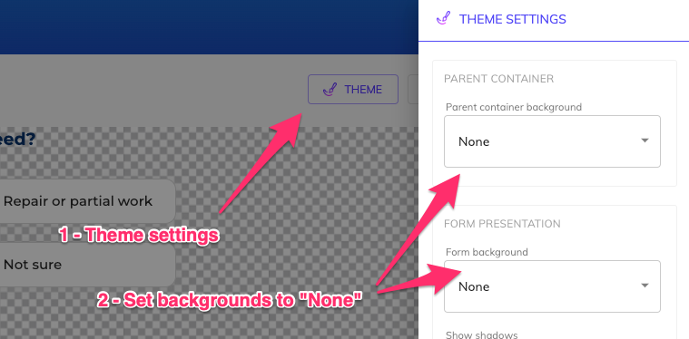 Growform theme settings with the container background set to None