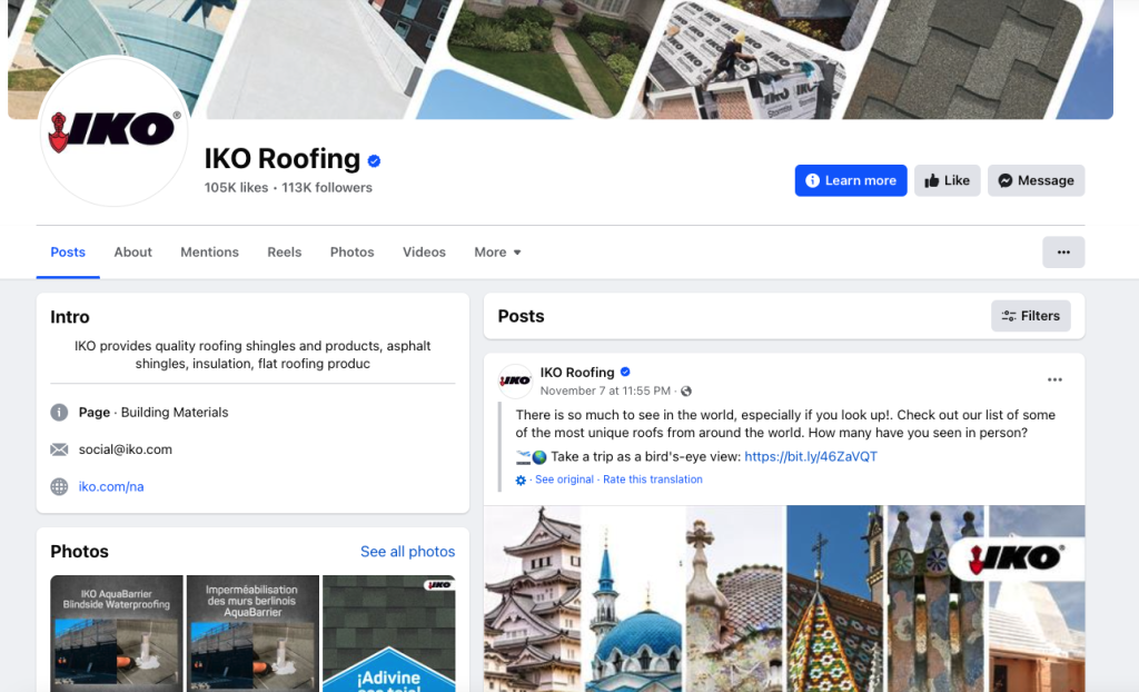 Con 113.000 seguidores, IKO roofing se ha puesto las pilas en Facebook.
