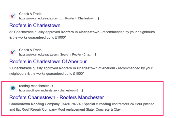 Un resultado orgánico de SEO para «roofers charlestown»: ¡esta empresa de tejados ha invertido en su SEO!