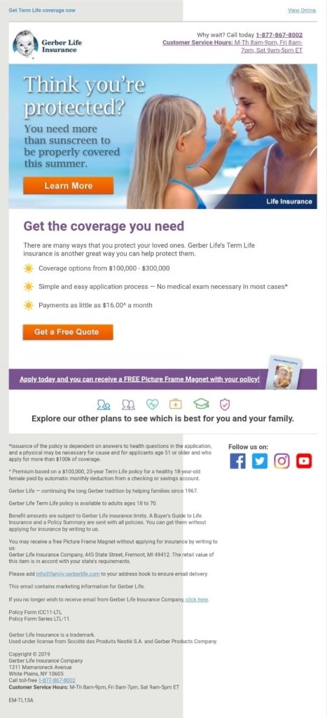 Este correo electrónico sobre seguros de vida de Gerber Life informa y promociona a la vez