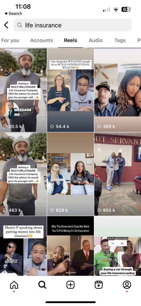Algunos de estos instagram reels de seguros de vida tienen más de 500.000 visitas.