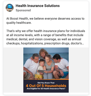 This Health Insurance Facebook Ad features a happy family and eye-catching text.