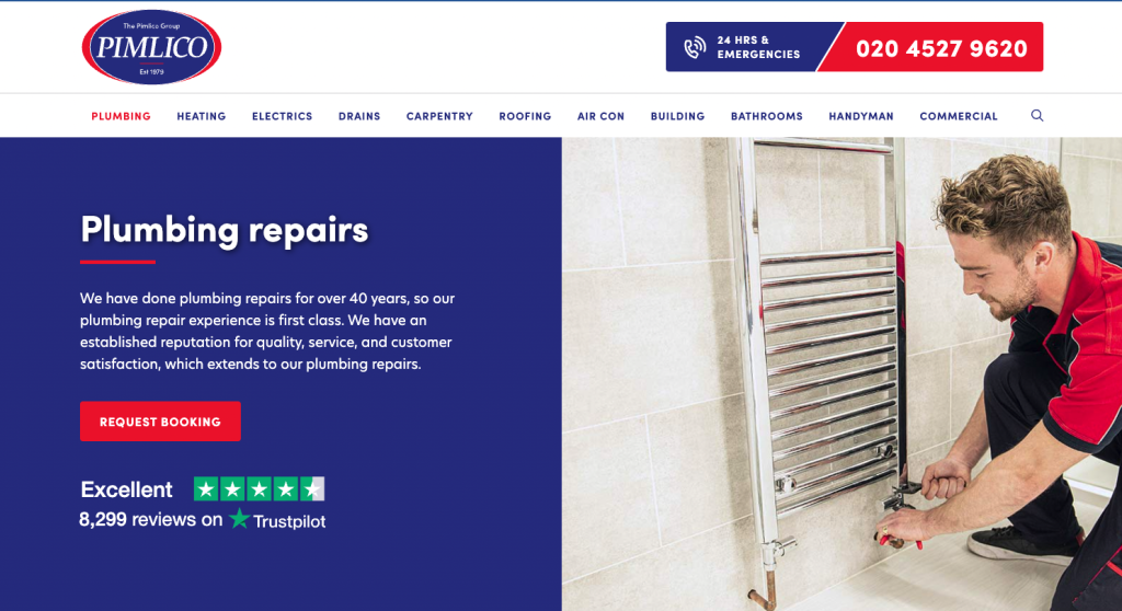 Pimlico Plumbers have a clear CTA, social proof and explain the benefits of their services perfectly.