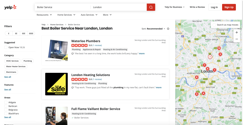 Yelp is often a go-to destinations when customers are looking for a new boiler