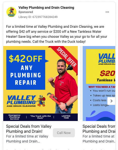 This plumbing ad by Valley Plumbing features a special offer, urgency and eye-catching colors.