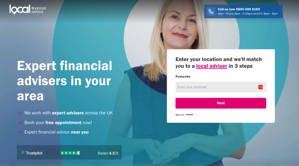 Esta página de aterrizaje para asesores financieros de Local Financial Advice presenta un CTA claro, pruebas sociales…
