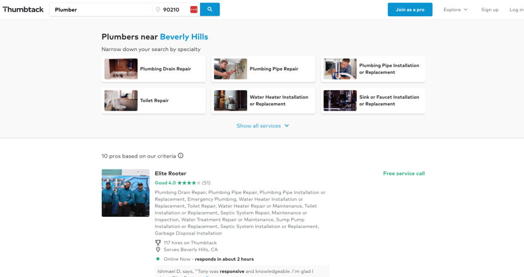 On Thumbtack, users can search for plumbers nearby